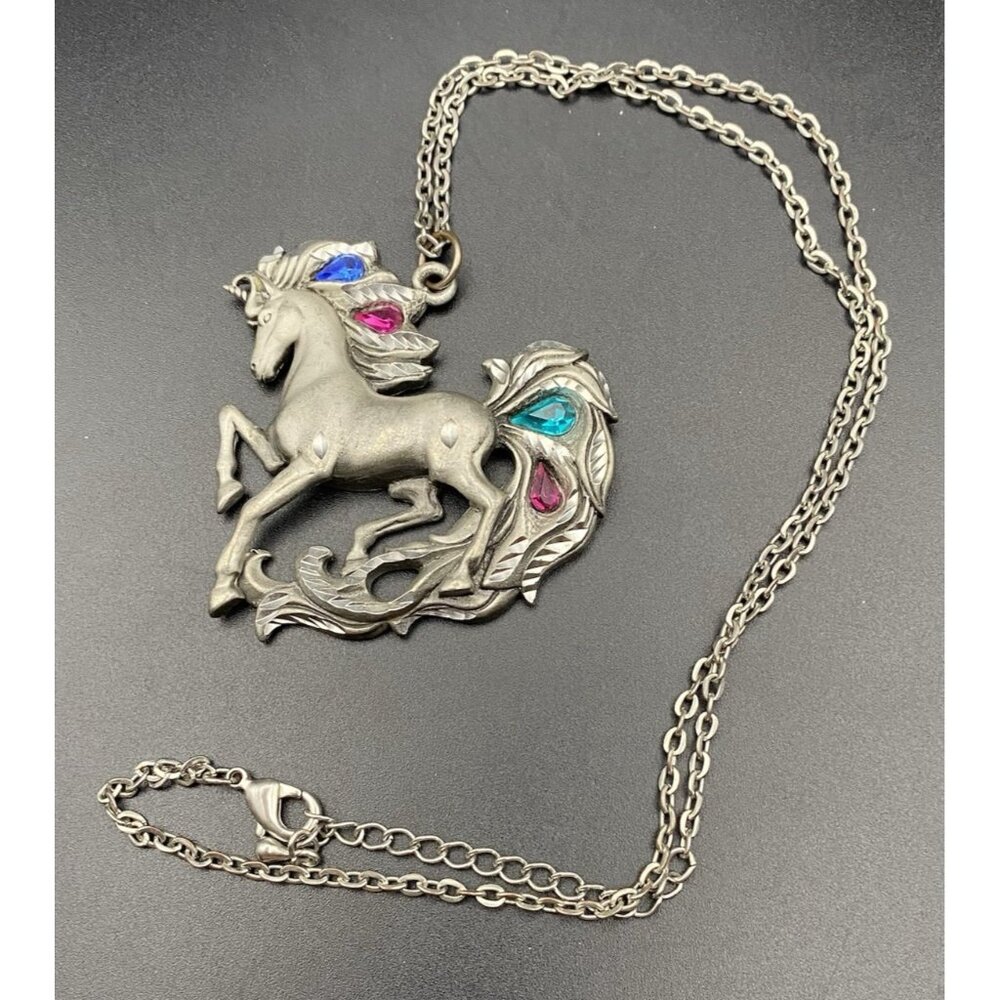 Fable Unicorn Pewter Necklace Pink Turquoise Blue Rhinestone Pendant Signed 18+2 - Picture 3 of 7